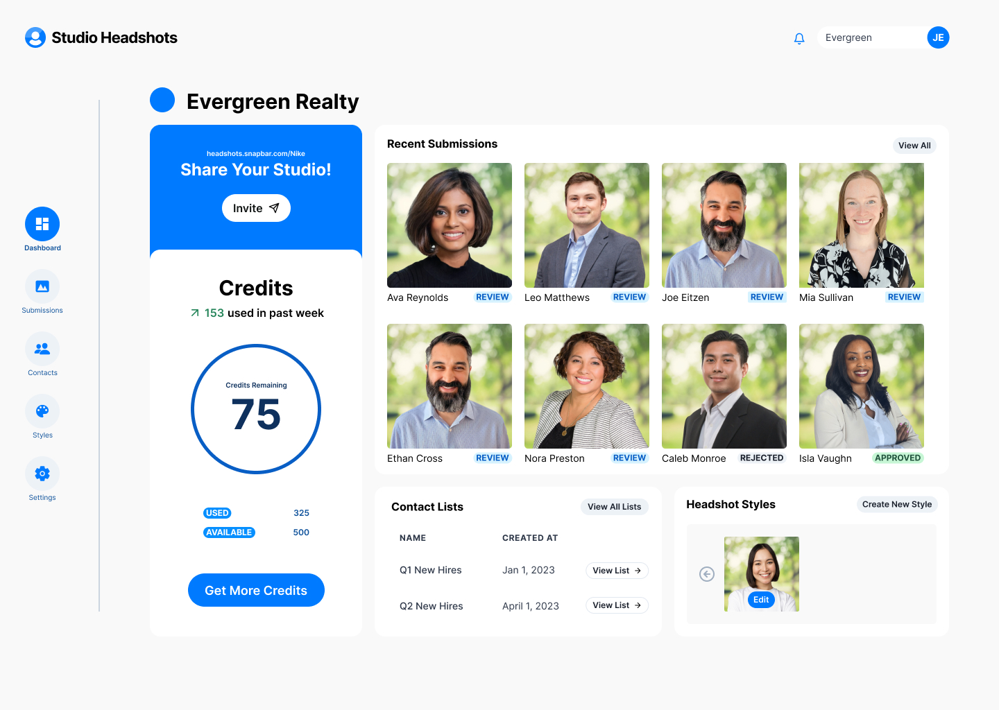 Studio Headshots dashboard overview